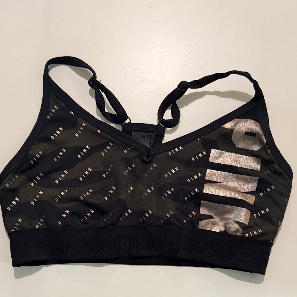 PINK Victoria's Secret Black Sports Bra with Metallic Silver Logo